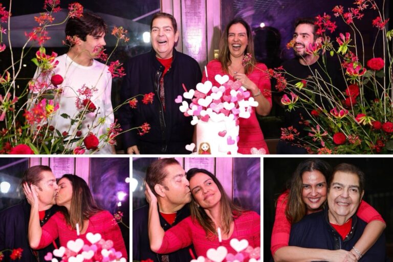 Faustão surge sorridente na festa da esposa, Luciana Cardoso