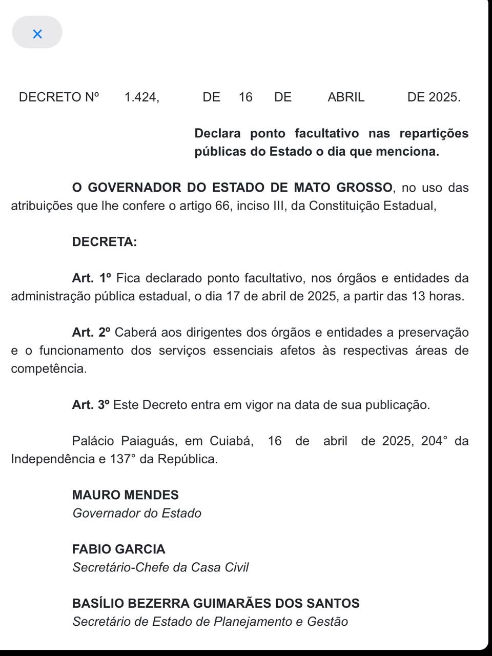 Governo decreta ponto facultativo a partir de amanhã às 13 horas