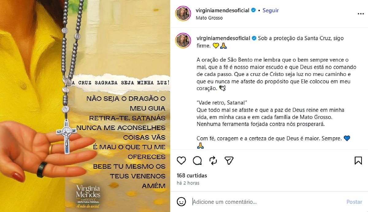 Virginia Mendes compartilha oração de São Bento após operação da PF contra esquema de desvios