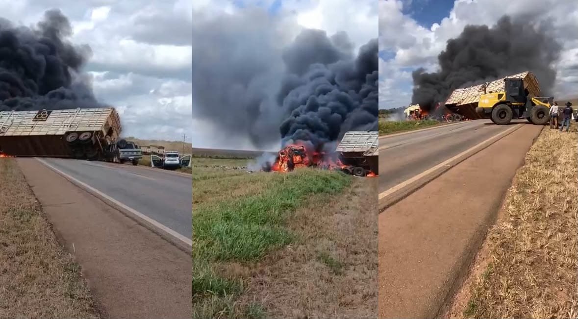 Colisão entre carretas, caminhonete e viatura PM causa duas mortes na BR-174 em Mato Grosso