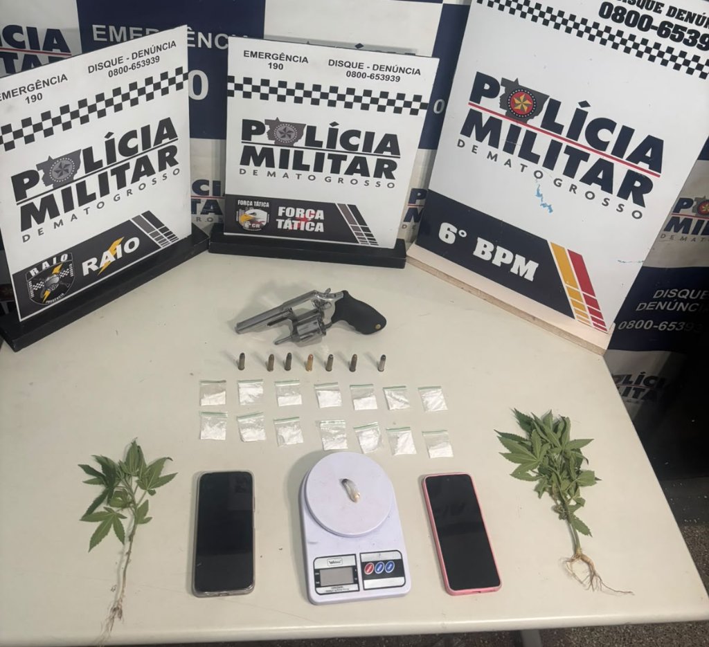 Polícia Militar apreende arma de fogo, drogas e pés de maconha em operação em Cáceres