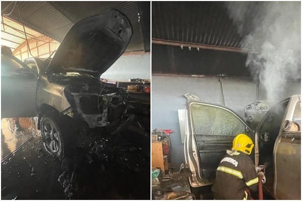 Bombeiros Combatem Incêndio em Caminhonete em Oficina Mecânica de Matupá